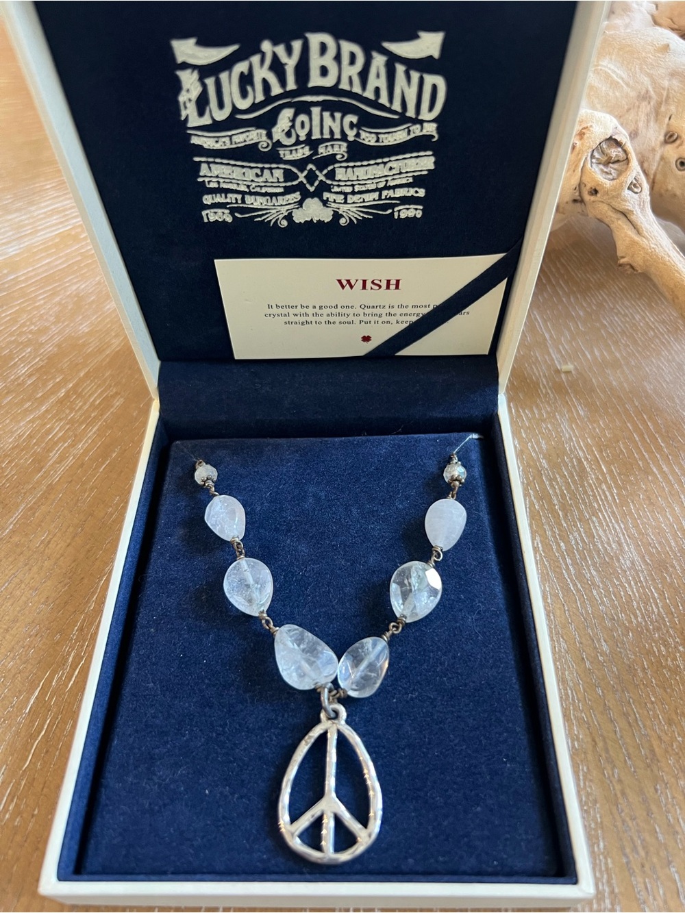 Lucky Brand Silver-Tone Peace Sign Necklace with Clear Beads in Box - Picture 7 of 8
